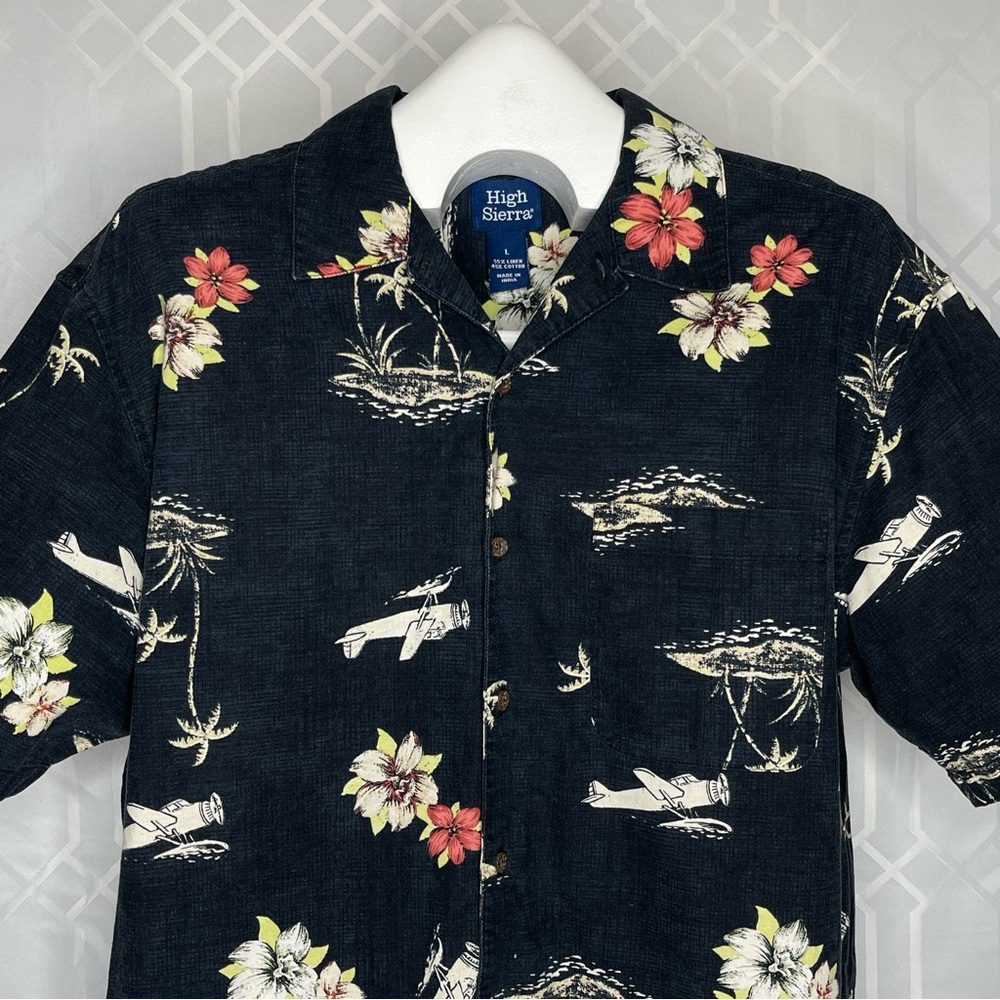 High Sierra Vintage Seaplane Palm Tree Linen Blend Hawaiian Shirt Large